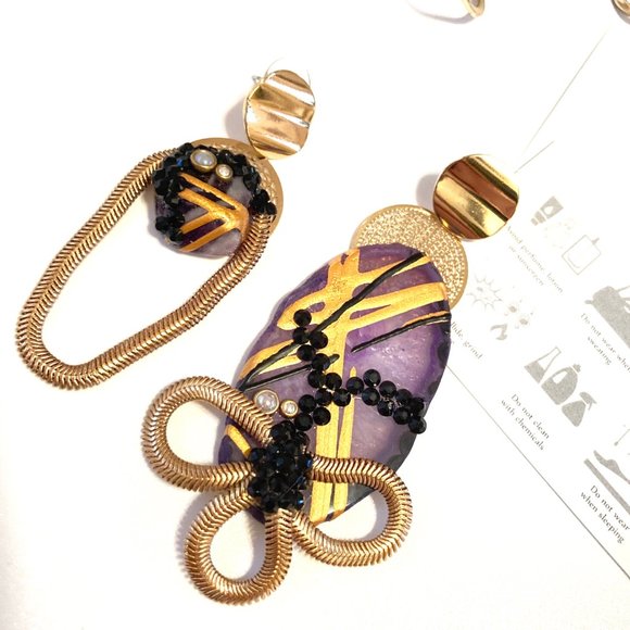 Gold Plated Bangle + Earrings PURPLE Agate - Picture 4 of 4